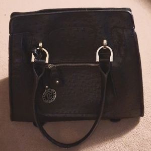 Large London Fog Black Faux Ostrich Work Travel Satchel Handbag